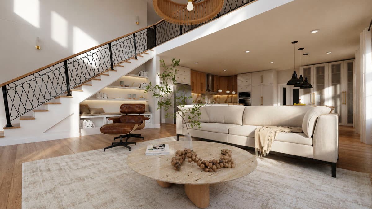 Open concept living area with a two-story ceiling, modern staircase, L-shaped sofa, and kitchen.