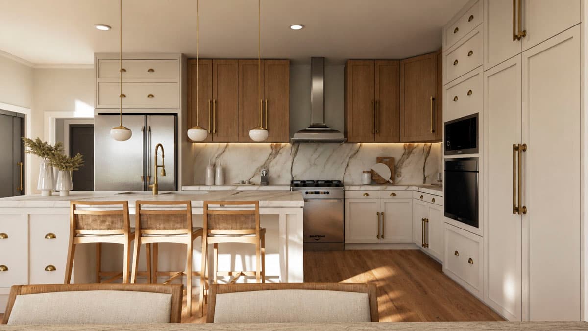 Kitchen plan with island, stainless steel appliances, marble backsplash, and two-tone cabinetry.