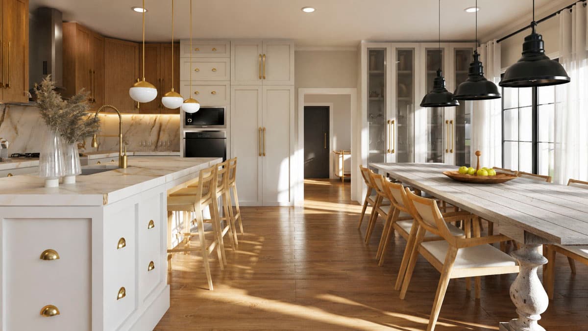 Kitchen and dining area with large island, wood cabinetry, pendant lights, and long dining table.