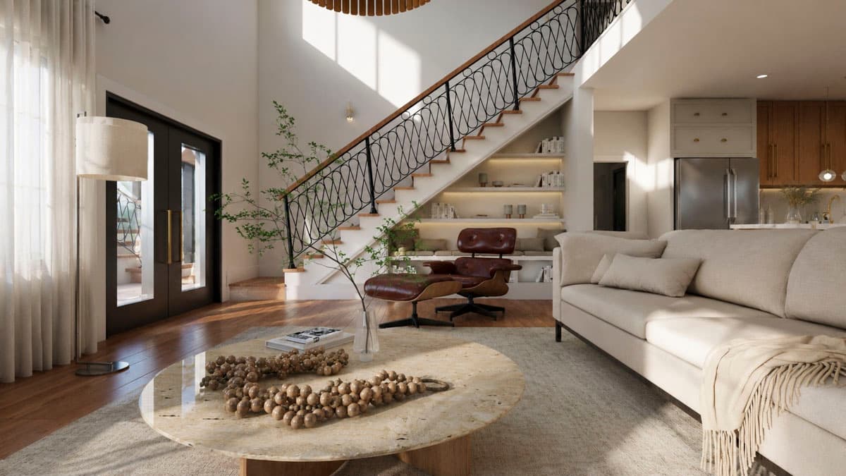 Open concept living area with a staircase featuring decorative metal balusters and built-in shelving.
