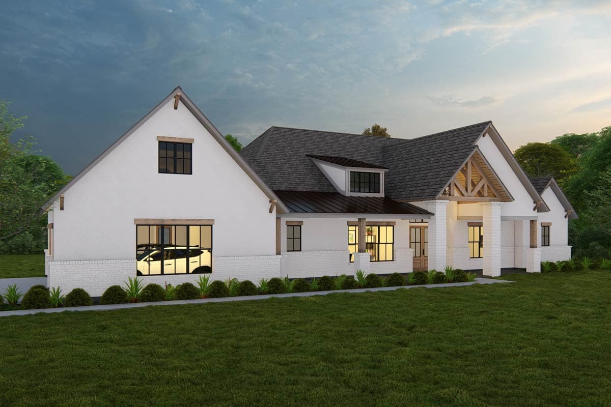 House plan exterior: Modern Farmhouse style, two stories, white stucco, brick base, gables, dormers, covered porch with exposed beams.