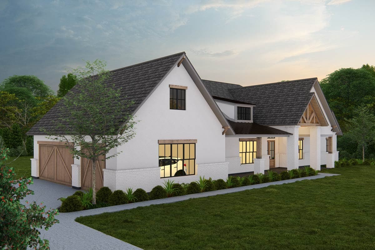 House plan exterior: Modern Farmhouse style, two stories, white stucco, exposed beams, large windows, covered porch, and a side-entry garage.