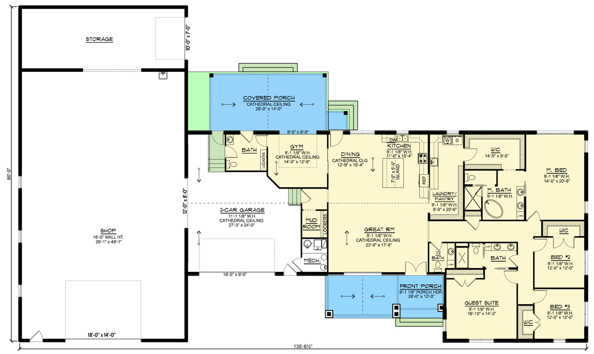 Plan 135299GRA: 4-Bedroom Barndominium House Plan with Oversized Garage and Workshop - 3011 Sq Ft - Floor Plan - Main Level - Barndominium, Country, Ranch
