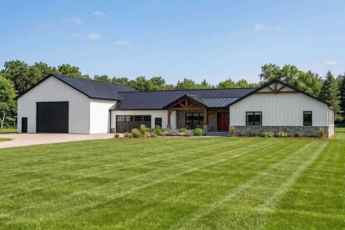 Modern farmhouse house plan exterior with large garage, covered entryway with timber beams, stone and board-and-batten siding, and red front door.