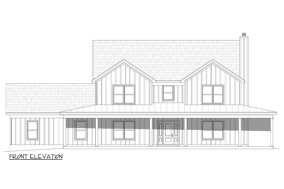 Front elevation drawing of a two-story house plan with a wraparound porch, gabled dormers, and vertical siding.