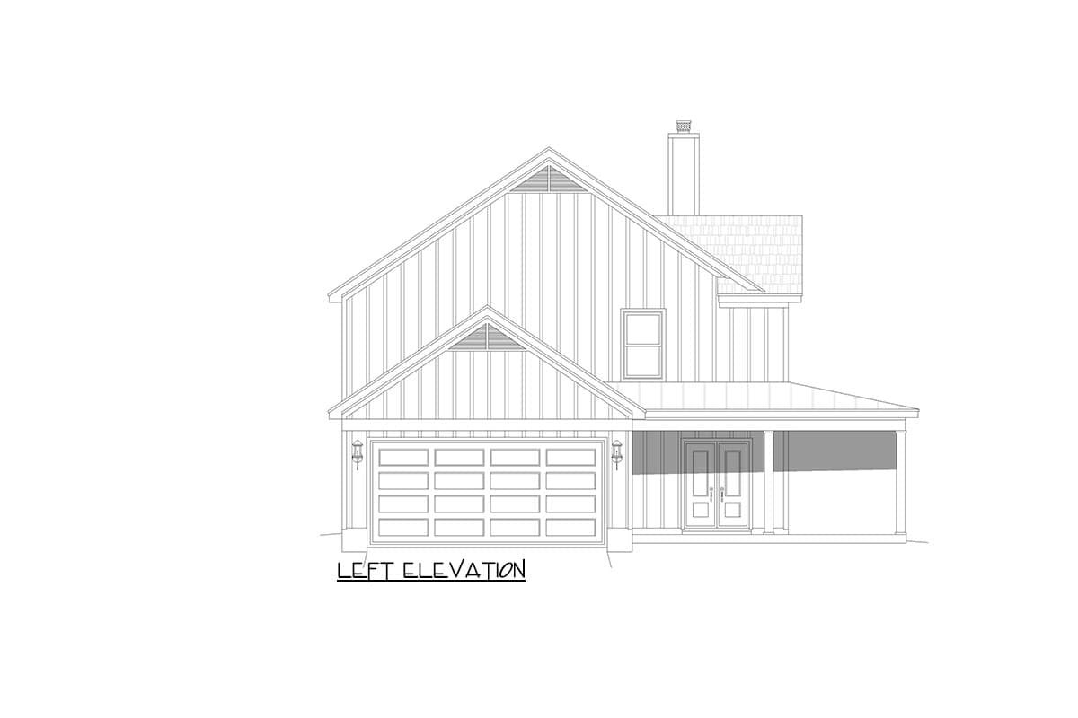 Left elevation house plan showing a two-story home with a gable roof, double garage, and covered front porch.