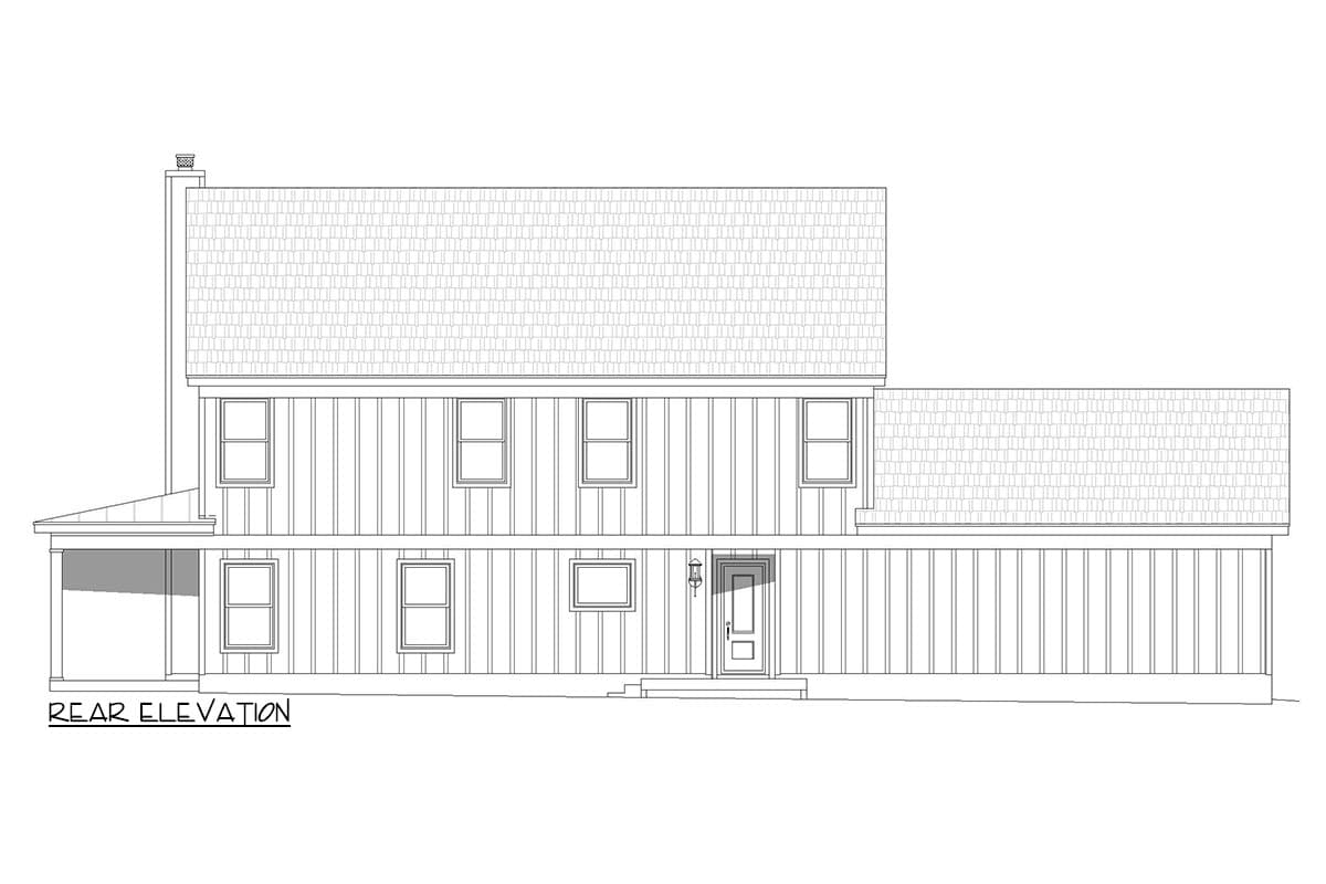 Rear elevation drawing of a two-story house with a covered porch, multiple windows, and a chimney.