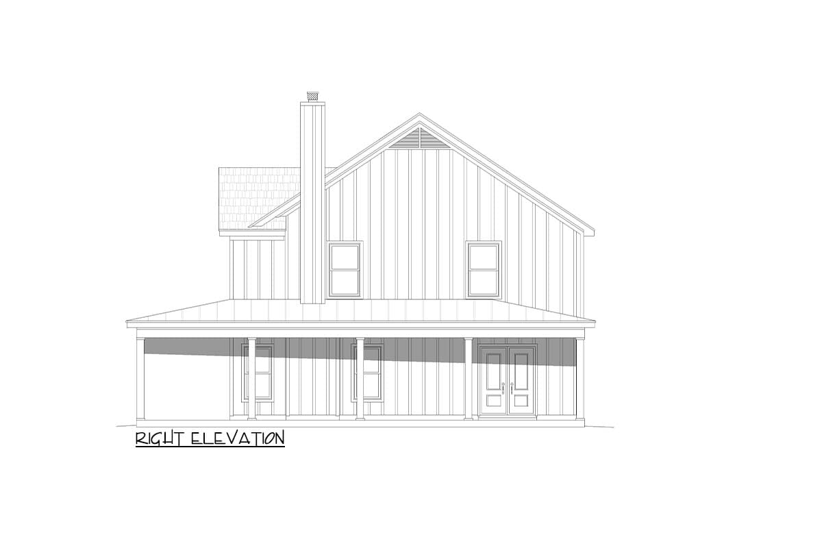 Right elevation drawing of a two-story house with a covered porch, double front doors, and a prominent chimney.