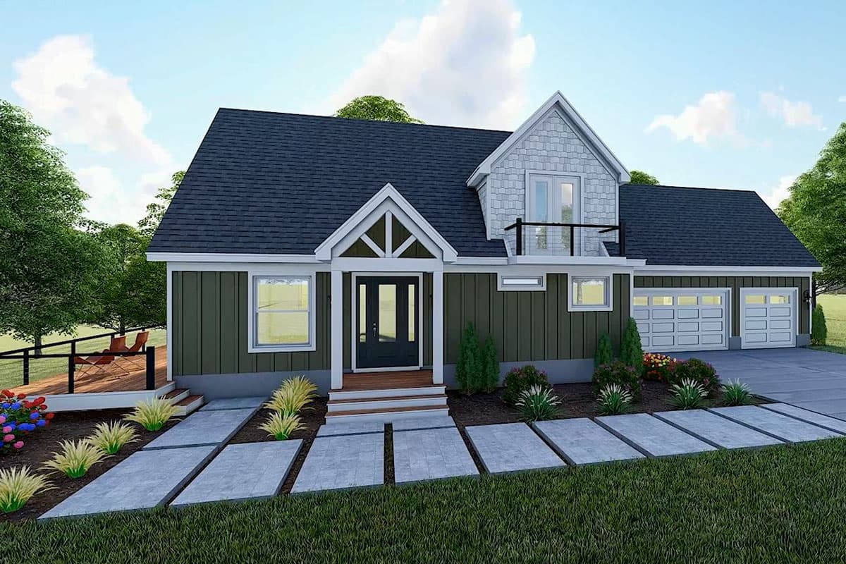 House plan exterior: Modern Farmhouse style, two stories, featuring a covered entry, gabled dormer with balcony, and a three-car garage.