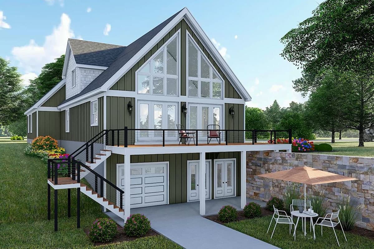 House plan exterior: Modern farmhouse style, two stories, large gable windows, deck, and garage.
