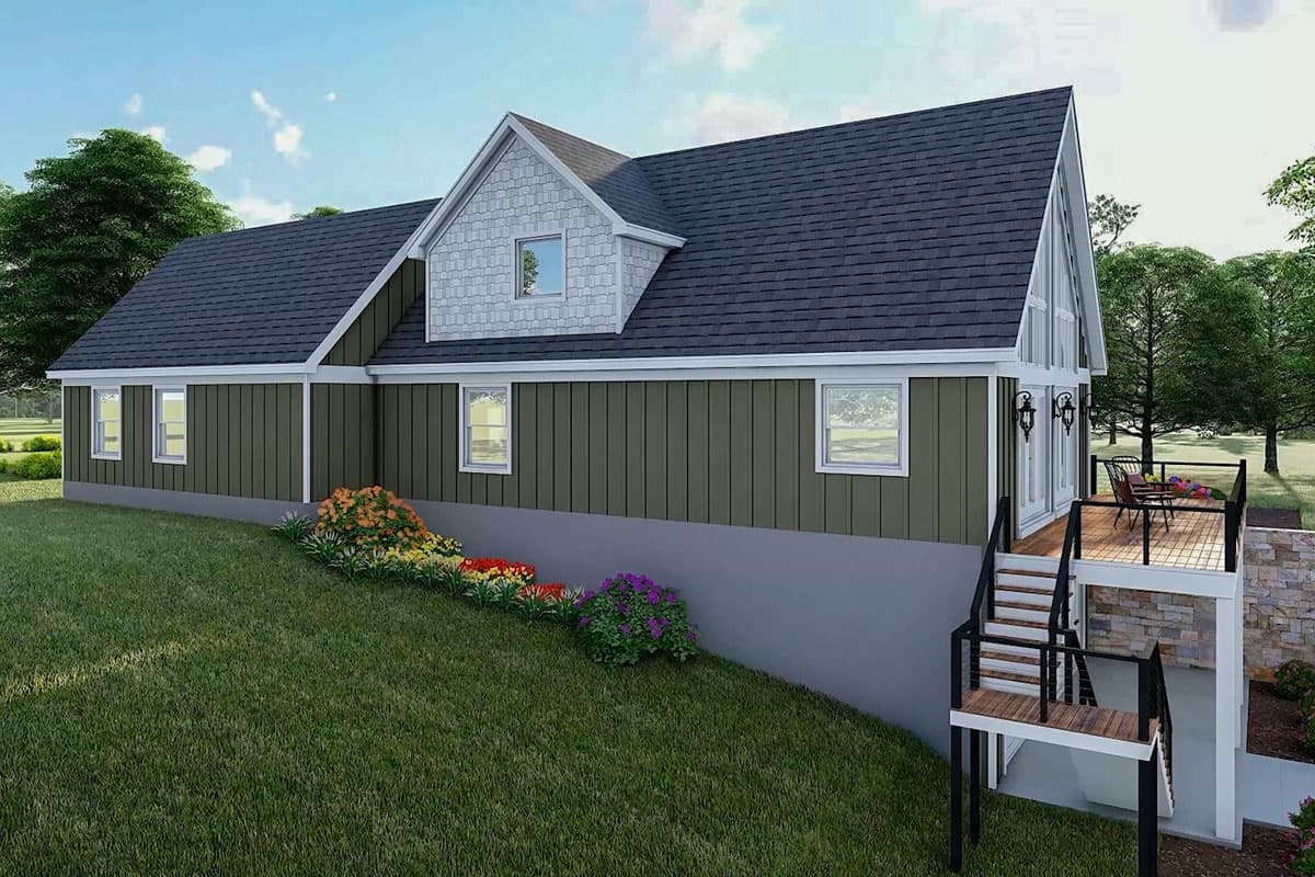 House plan exterior: Two-story modern farmhouse with A-frame gable, dormer, siding, and deck with stairs.