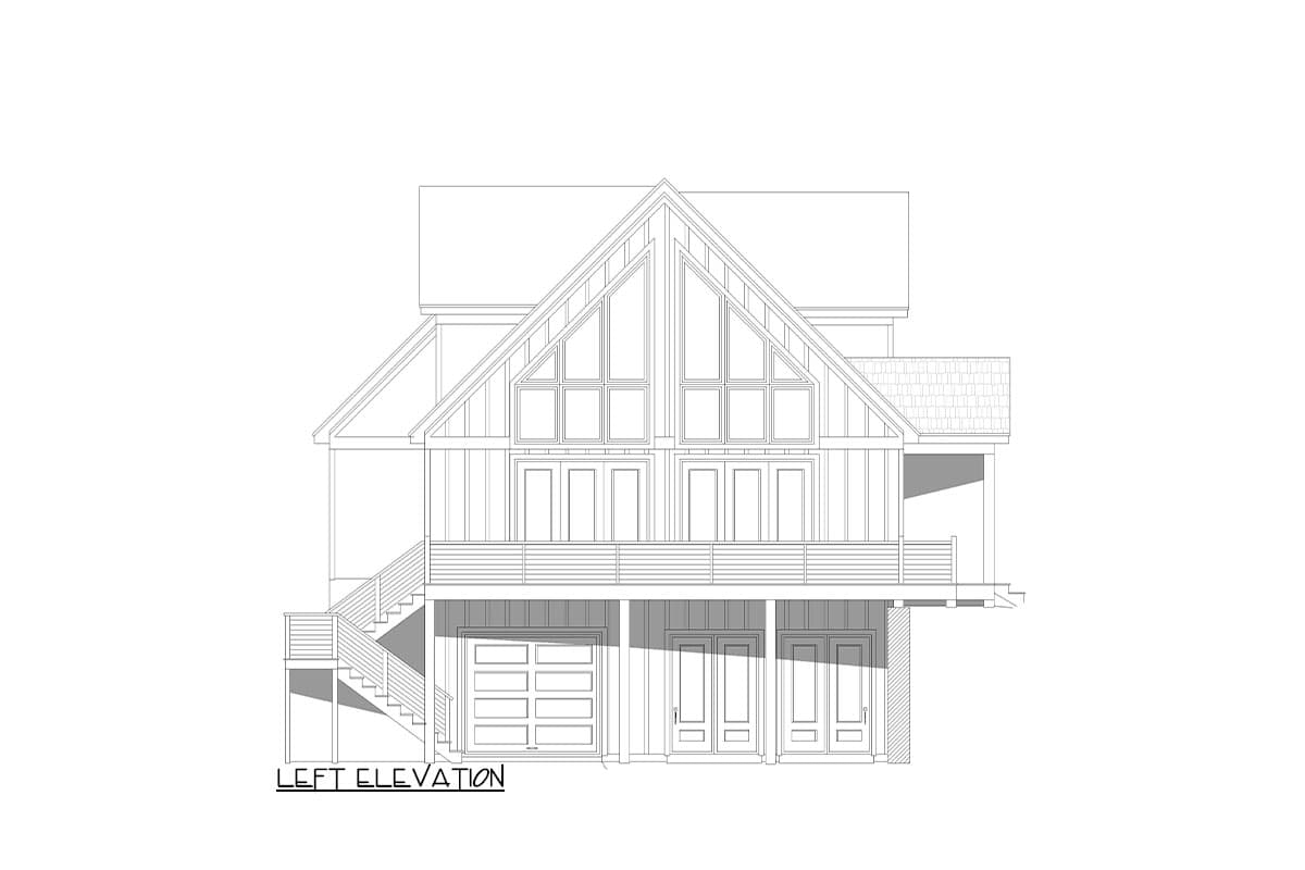 Left elevation drawing of house plan featuring a steep gable roof, large windows, two balconies, and a three-car garage.