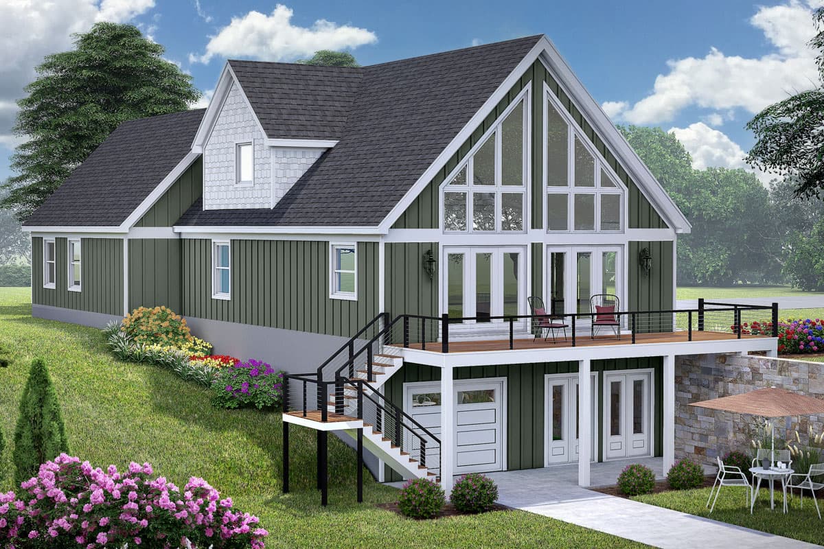House plan exterior: Two-story modern design with large gabled front windows, side deck, and lower-level garage.