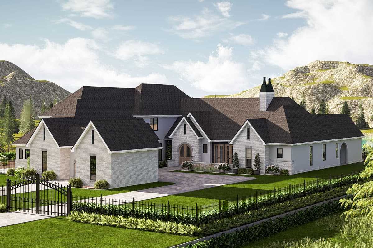 House plan exterior featuring a Modern Farmhouse style with multiple gables, white brick facade, arched entryway, and attached garage.