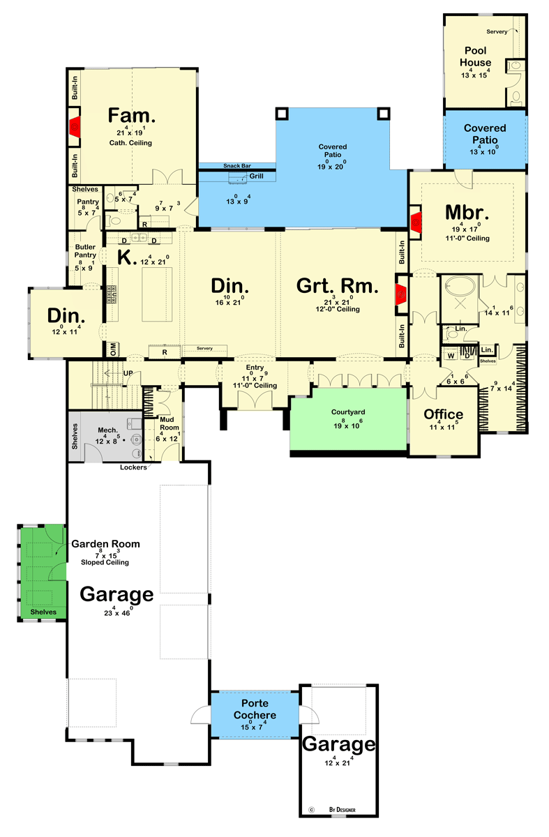 Plan 623433DJ: 5-Bed Transitional European House Plan with Outdoor Kitchen - 4665 Sq Ft - Floor Plan - Main Level - European, French Country, Transitional