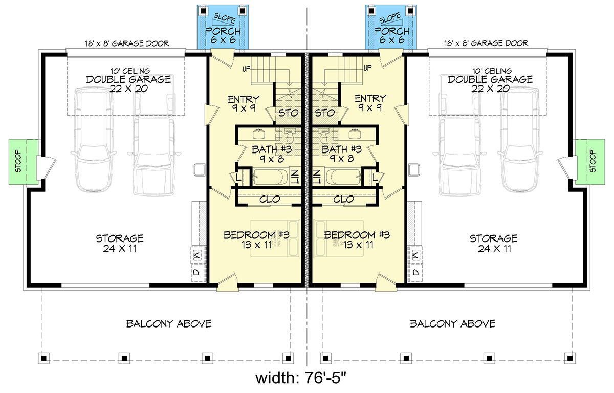 Plan 680433VR: 3 or 4 Bed Duplex House Plan with 2-Car Rear Garage - 1910 Sq Ft Per Unit - Floor Plan - Main Level - Contemporary, Mid Century Modern, Modern