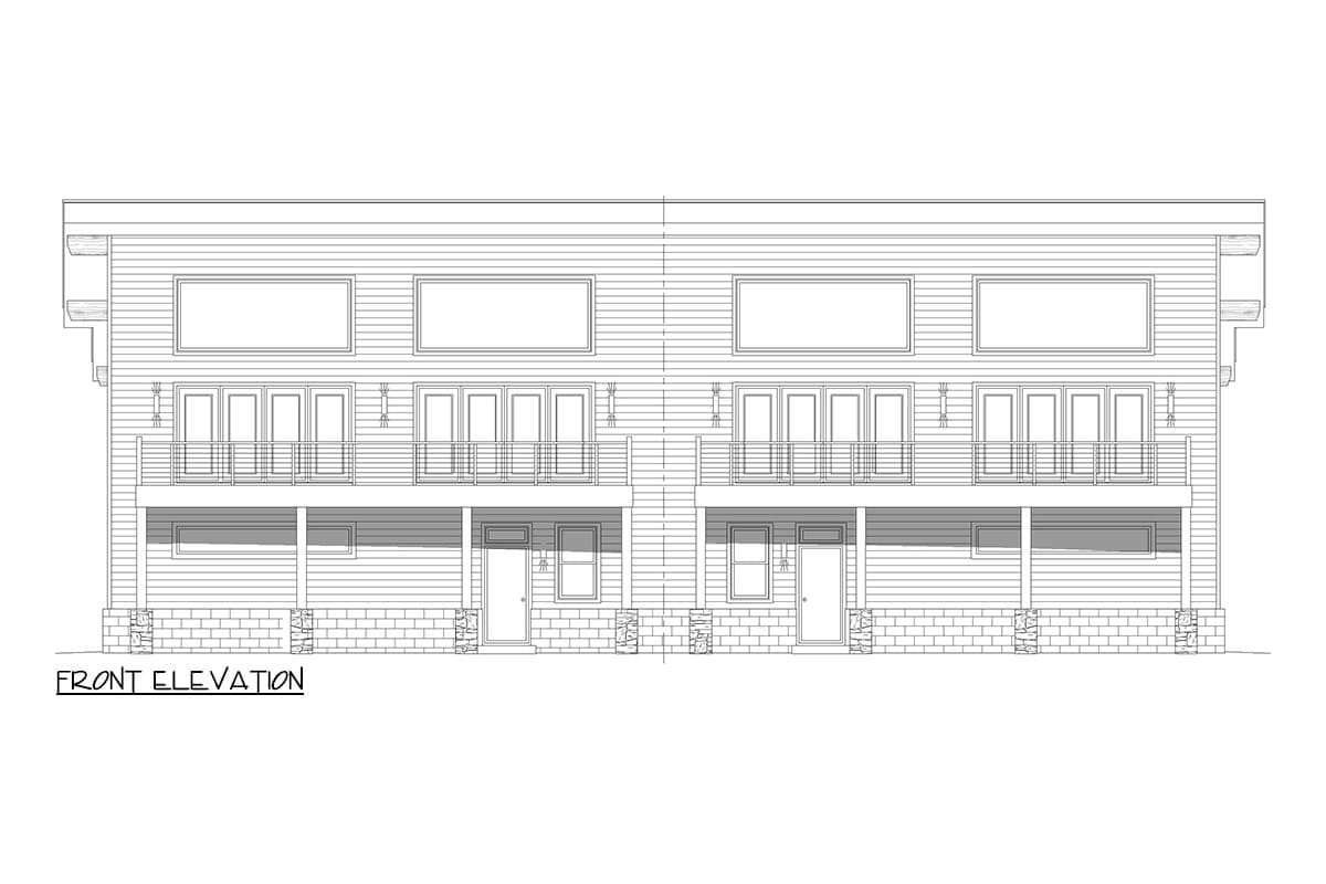 Front elevation drawing of a two-story modern townhouse with balconies, horizontal siding, and stone accents.