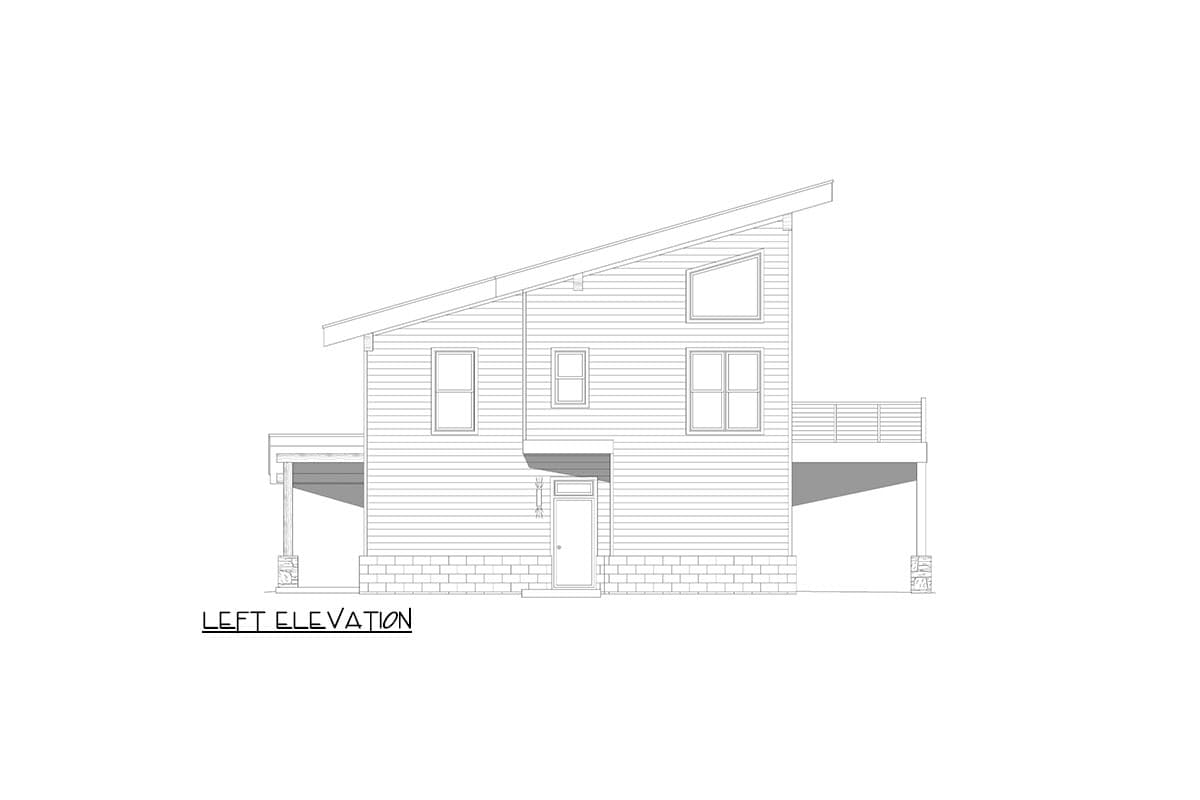 Left elevation drawing of a two-story house with a sloped roof, covered entry, and deck.
