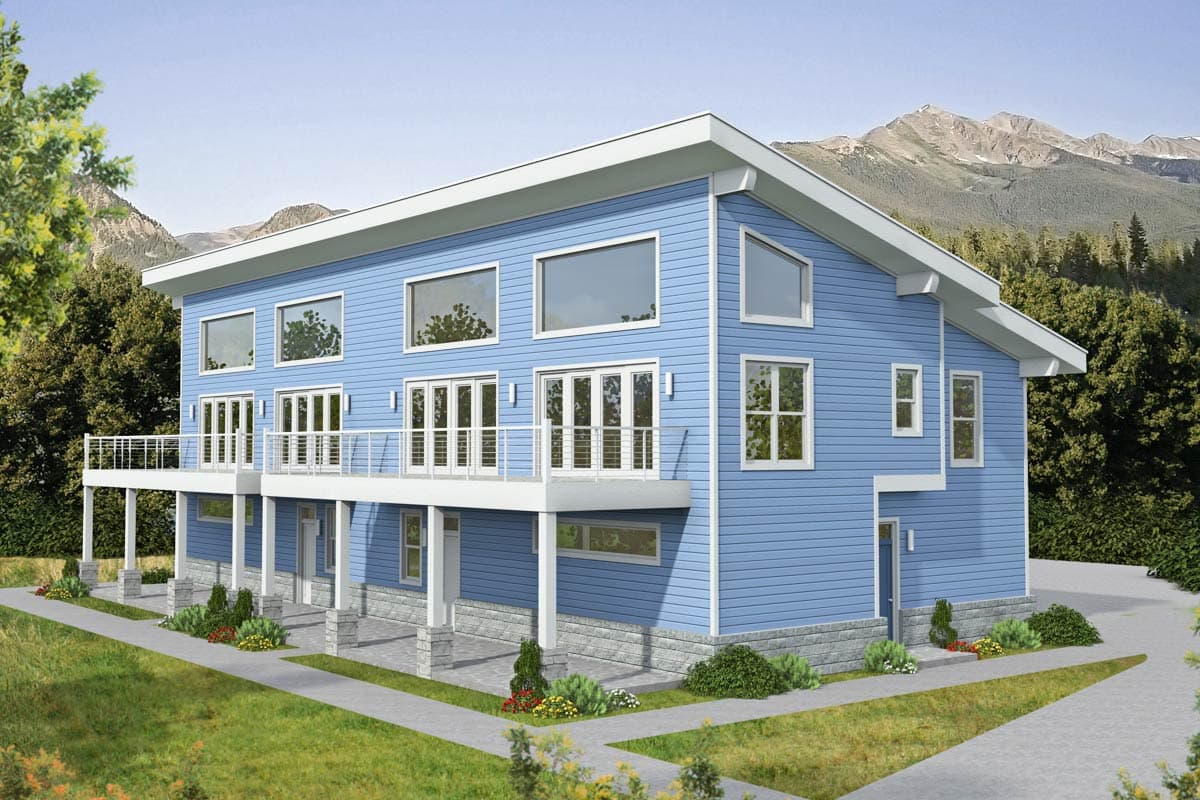 House plan exterior with two stories, flat roof, and multiple large windows. Features include a second-story balcony and light blue siding.