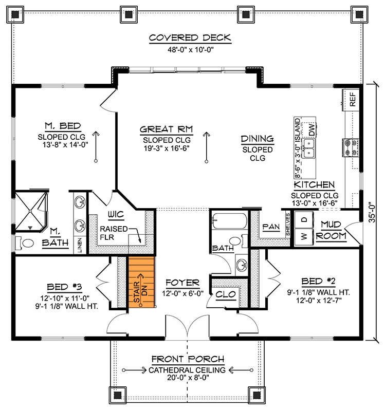 Plan 135300GRA: 3-Bed Contemporary House Plan with Expansive Rear Windows - 1720 Sq Ft - Floor Plan - Basement Stairs Location - Contemporary, Mid Century Modern, Modern