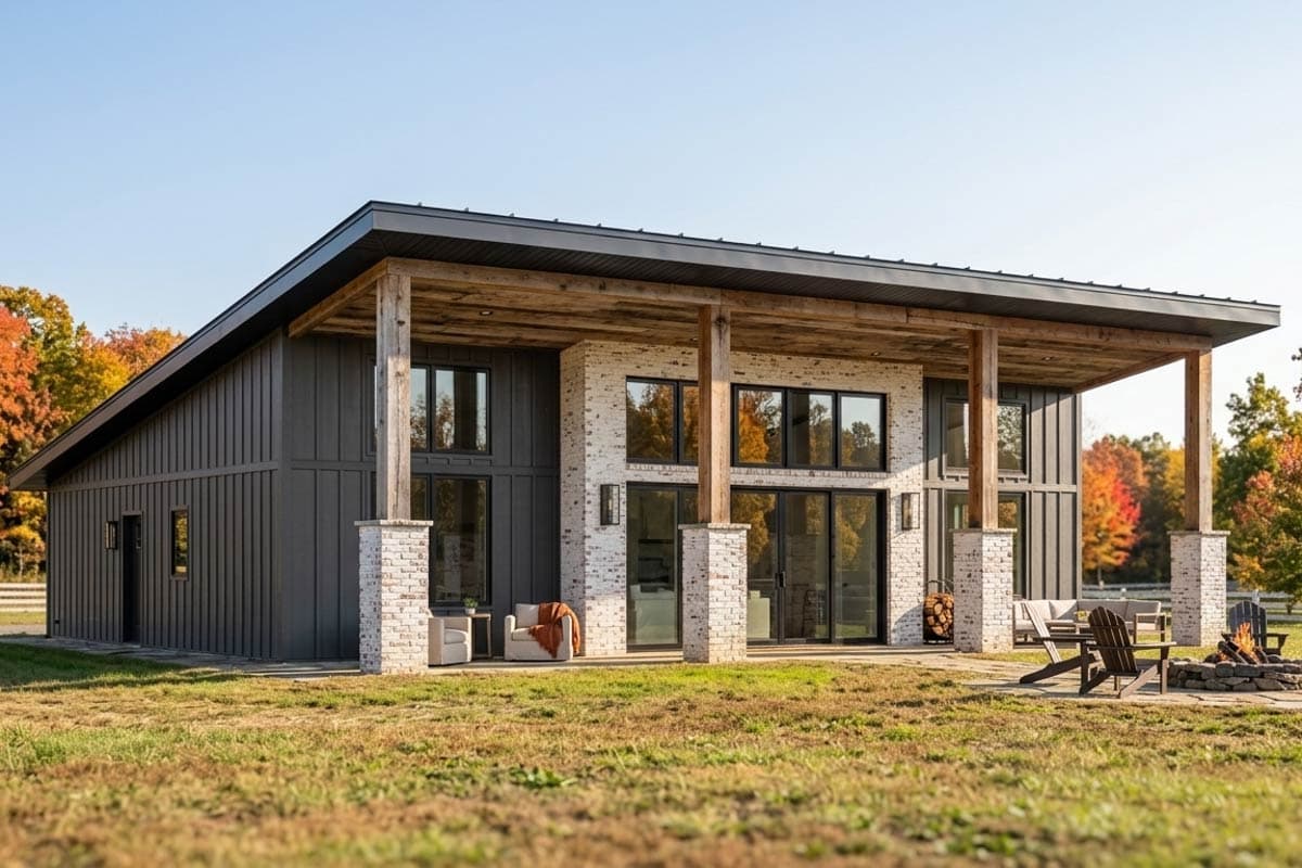 Modern house plan exterior with a deep covered porch, vertical siding, and expansive windows.