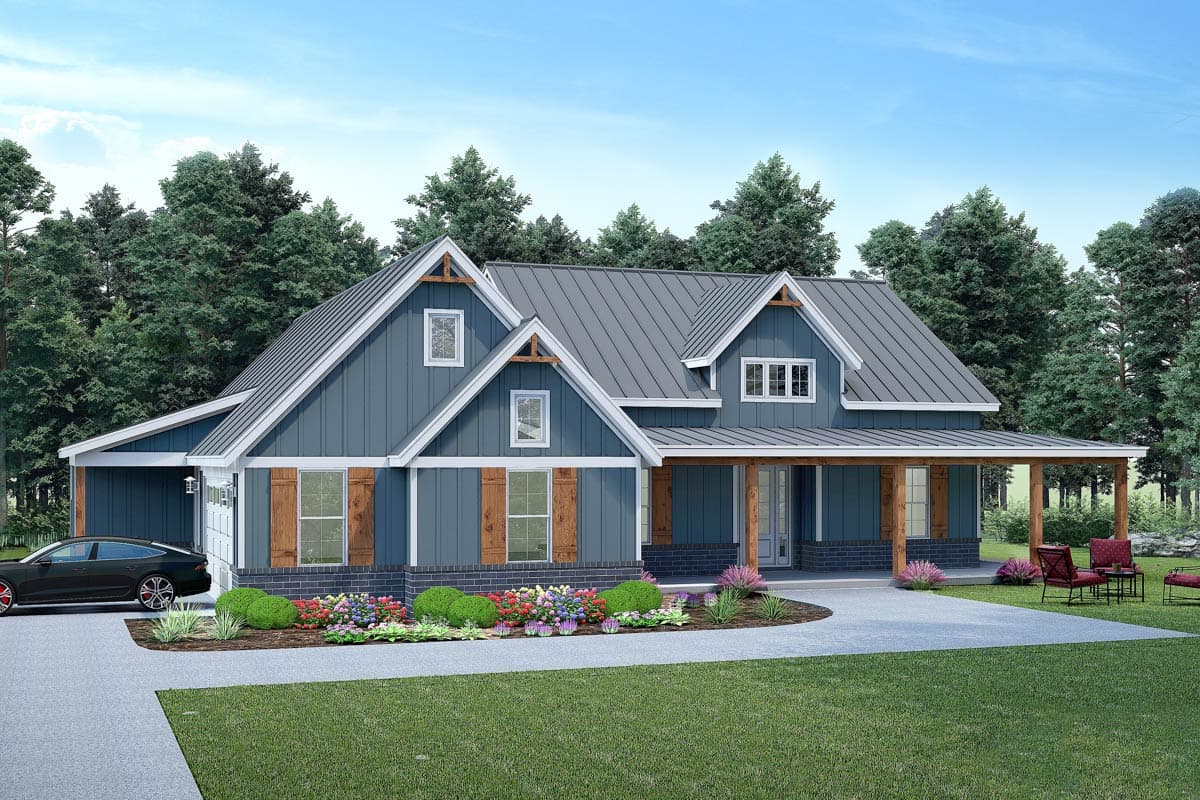 Modern Farmhouse style house plan exterior with gables, metal roof, wide porch, and attached garage.