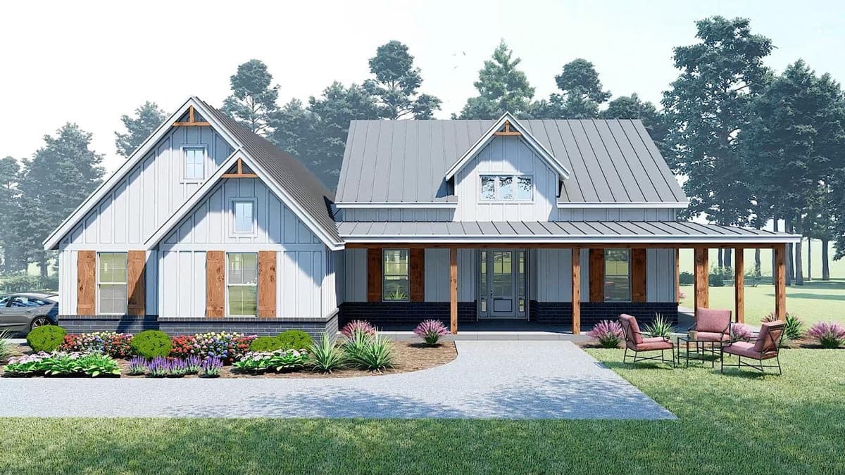 Modern Farmhouse house plan exterior with board and batten siding, metal roof, and wraparound porch.