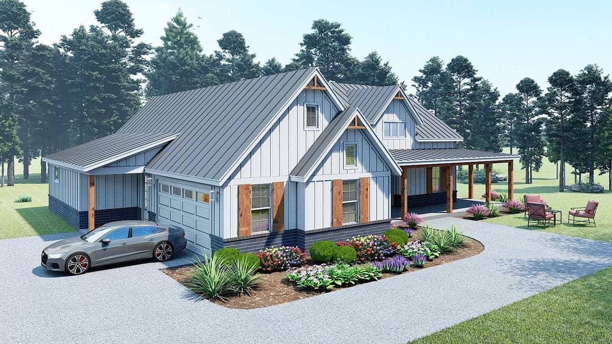 Modern Farmhouse house plan exterior, two stories, metal roof, gables with wood accents, attached garage, and covered porch.