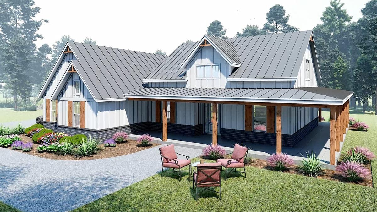 Plan 680434VR: 3-Bed Farmhouse Plan with Wrap-Around Porch and Single Dormer - 2247  Sq Ft - Image #8 - Country, Craftsman, Mountain