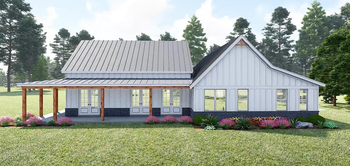 Modern Farmhouse house plan exterior with a covered porch, metal roof, vertical siding, and multiple glass doors.