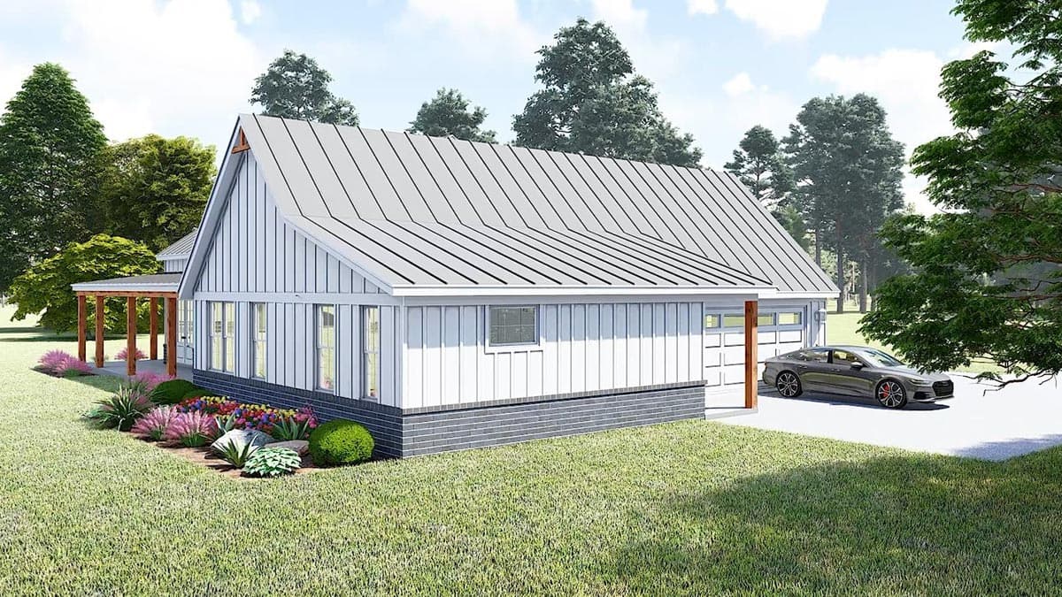 House plan exterior: Modern farmhouse style, metal gable roof, board and batten siding, covered porch, and attached two-car garage.