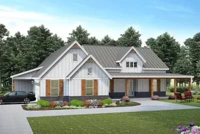 3-Bed Farmhouse Plan with Wrap-Around Porch and Single Dormer - 2247  Sq Ft
