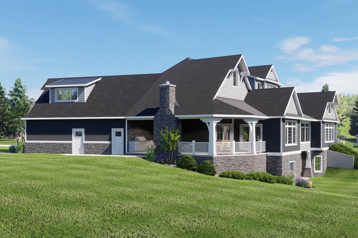 House plan exterior: Two-story Modern Farmhouse with stone accents, gabled dormers, covered porch, and outdoor kitchen.