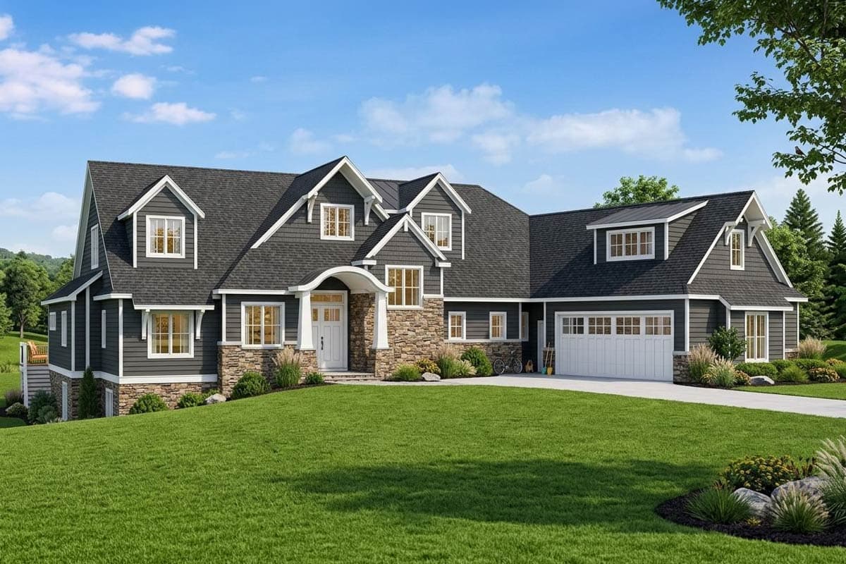 House plan exterior. Two-story Craftsman with multiple gables, dormers, and a prominent roofline. Features stone accents, and an attached garage.