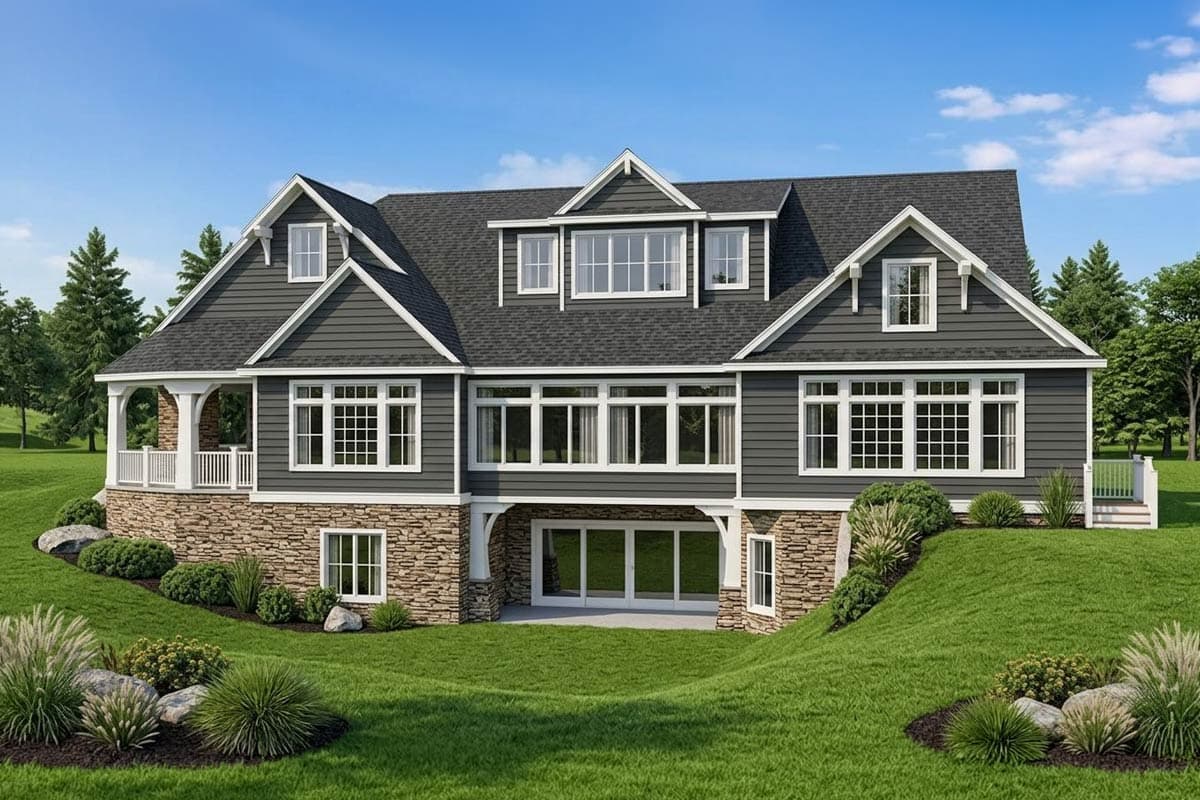 House plan exterior with a covered porch, gabled dormers, stone base, and large windows.
