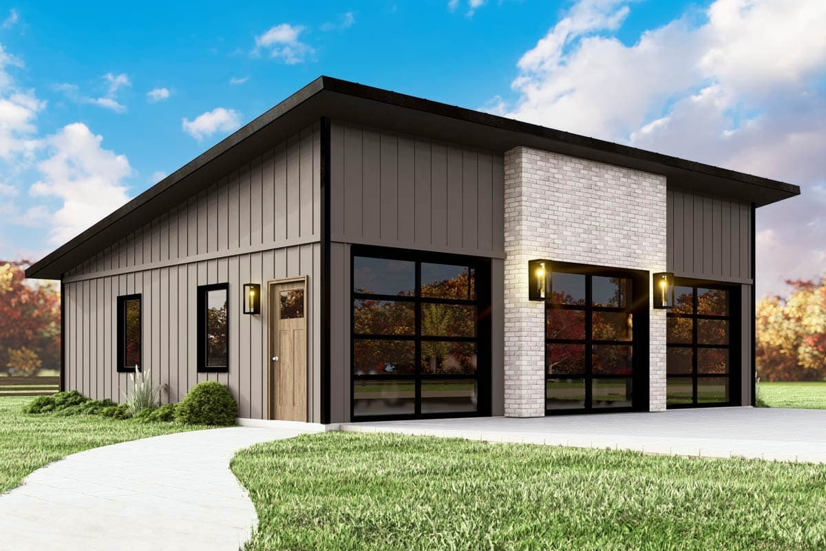 House plan exterior with modern style, flat roof, and two garage doors with glass panels. Brick and vertical siding details.