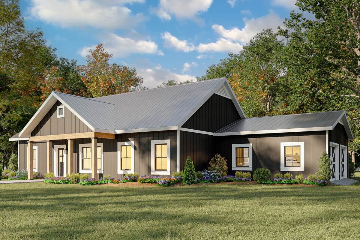 House plan exterior. Modern Farmhouse style with a single story, a covered porch with exposed beams, gables, and a metal roof.