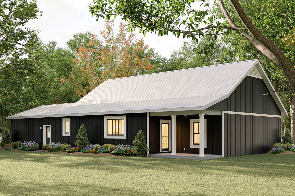 House plan exterior: One-story Modern Farmhouse with dark siding, white trim, metal roof, and covered front porch with columns.