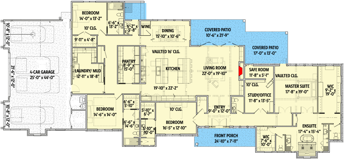 Plan 430093LY: 4-Bed Industrial Modern Farmhouse-Style House Plan with Outdoor Covered Patio - 4472 Sq Ft - Floor Plan - Main Level - Contemporary, Hill Country, Modern Farmhouse, Ranch, Transitional