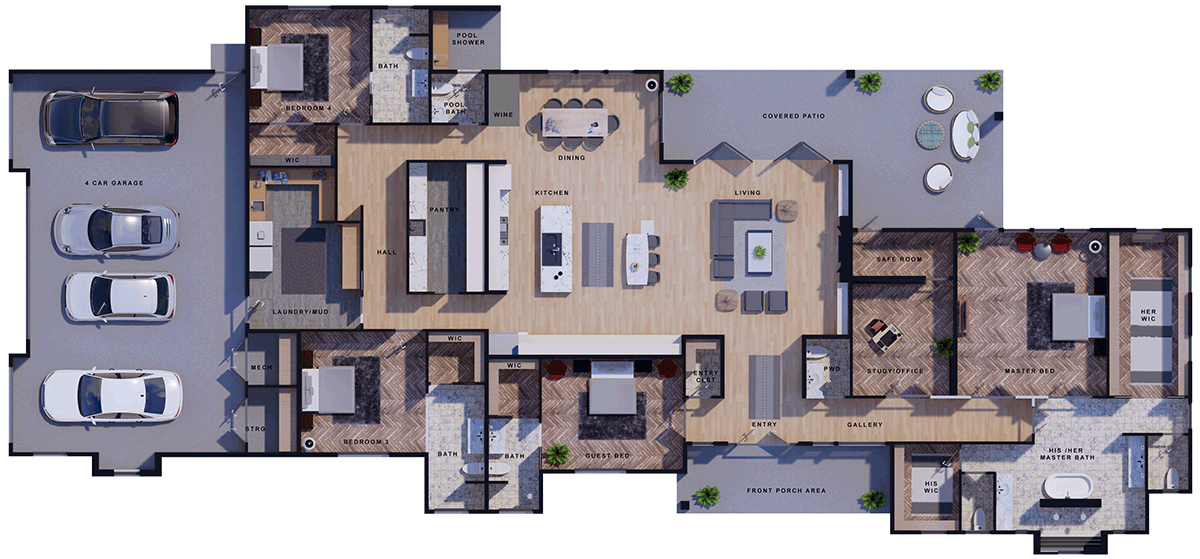 Plan 430093LY: 4-Bed Industrial Modern Farmhouse-Style House Plan with Outdoor Covered Patio - 4472 Sq Ft - Floor Plan - 3D - Contemporary, Hill Country, Modern Farmhouse, Ranch, Transitional