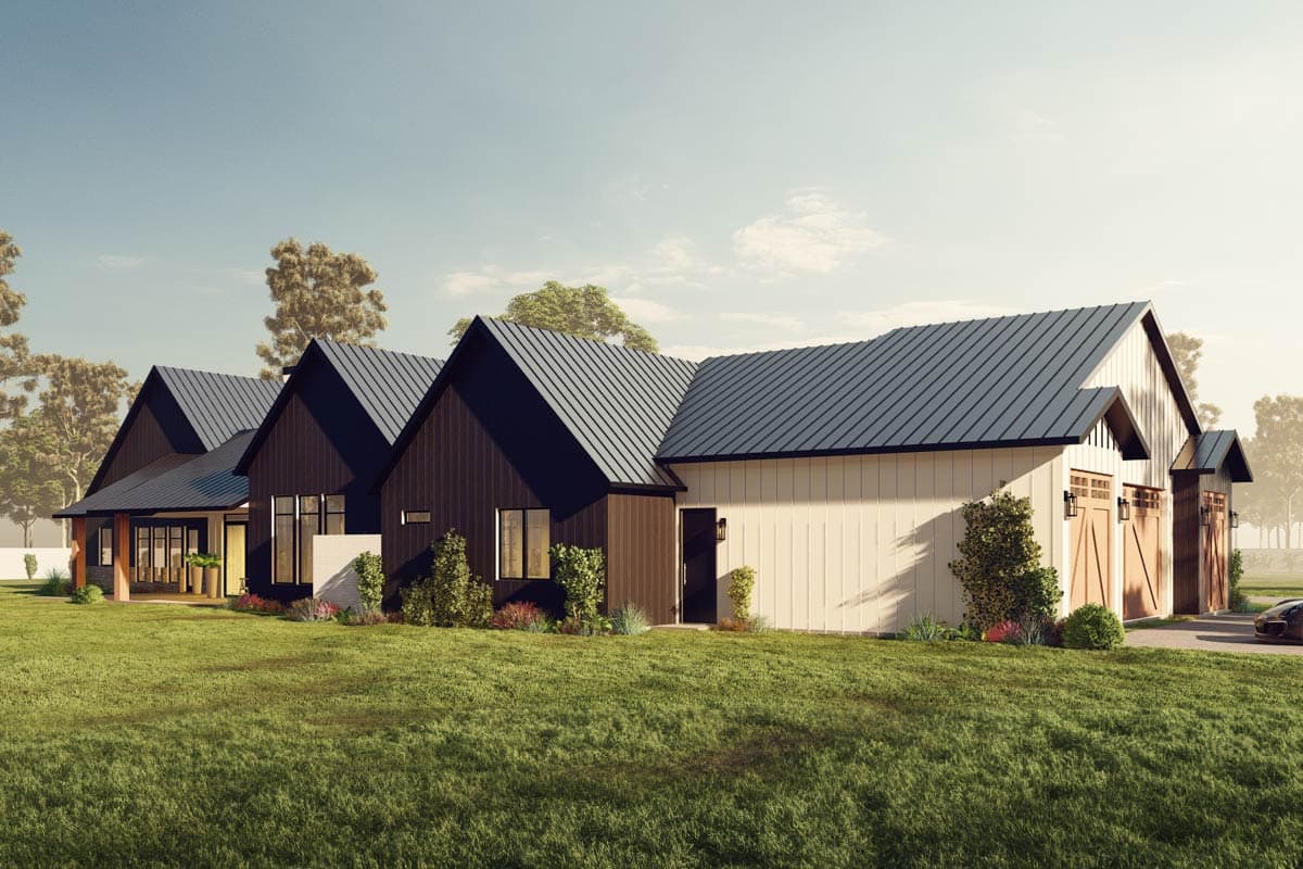 House plan exterior with dark vertical siding, white vertical siding, gabled rooflines, and a three-car garage with wood doors.