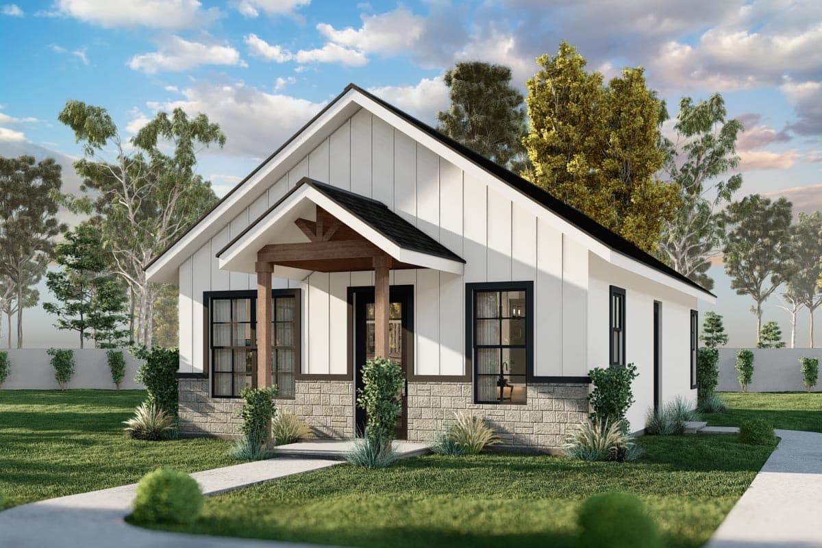 House plan exterior. Modern farmhouse style with gabled roof, stone veneer on lower portion, and a covered porch with exposed beams.