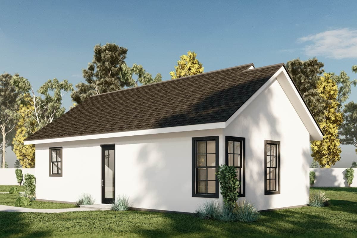 House plan exterior, modern style, single story, with gable roof, white walls, and dark-framed windows and door.