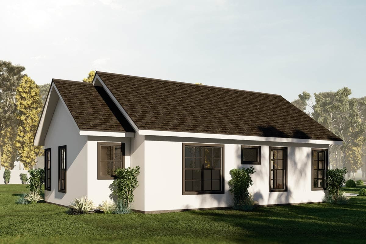 House plan exterior, single-story with a gable roof, white stucco siding, and multiple dark-framed windows.