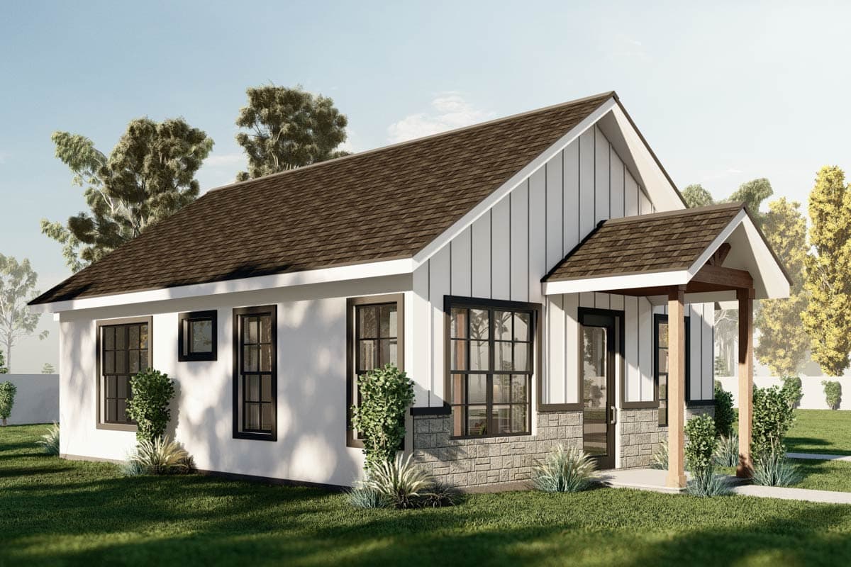 House plan exterior: one-story Modern Farmhouse with board-and-batten siding, stone base, and covered front porch with wood posts.