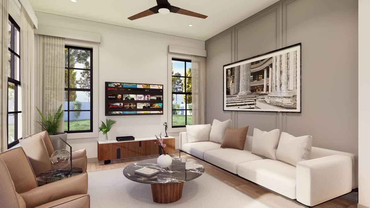 Rendering of a living room with a sectional sofa, media console, marble coffee table, and large windows.
