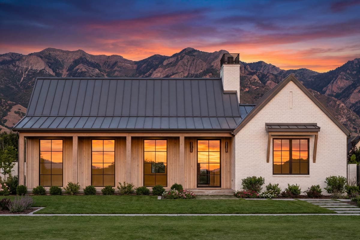 Modern Farmhouse house plan exterior with metal roof, wood siding, brick facade, and large windows.