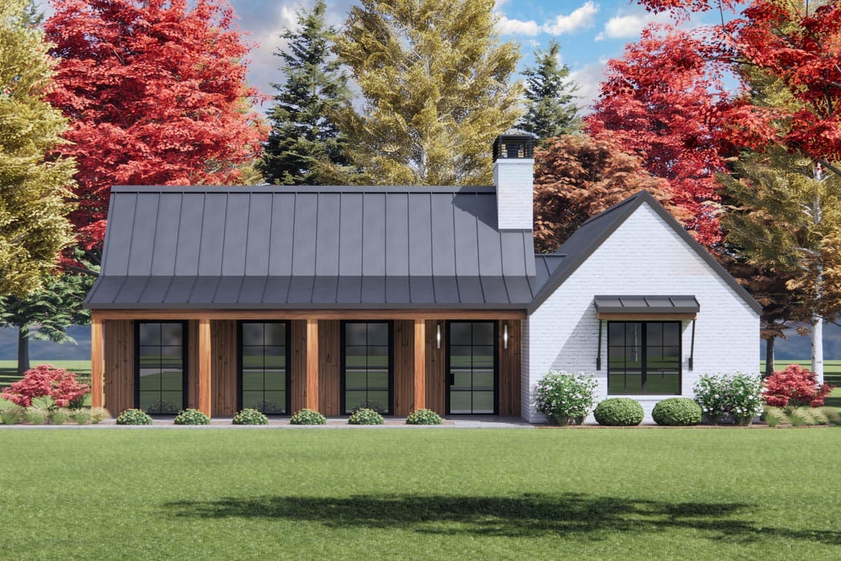 House plan exterior: Modern Farmhouse style, one story, with covered porch, metal roof, and brick facade.