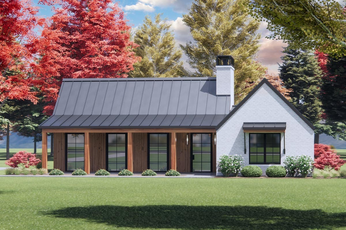 House plan exterior. Modern Farmhouse style, one-story. Features include a front porch, gabled roof, and brick chimney.