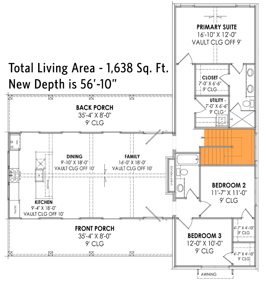 Plan 818132JSS: 3-Bed Contemporary Country House Plan with Wide Front and Rear Porches - 1500 Sq Ft - Floor Plan - Basement Stairs Locaiton - Contemporary, Country, Modern, Modern Farmhouse, Ranch, Transitional